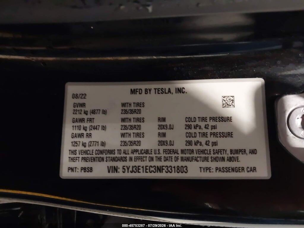 5YJ3E1EC3NF331803 2022 TESLA MODEL 3 photo no. 9
