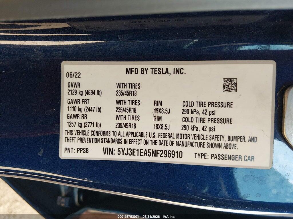 5YJ3E1EA5NF296910 2022 TESLA MODEL 3 photo no. 9