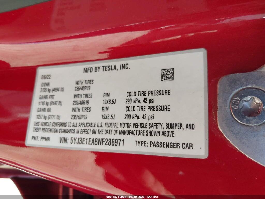 5YJ3E1EA8NF286971 2022 TESLA MODEL 3 photo no. 9