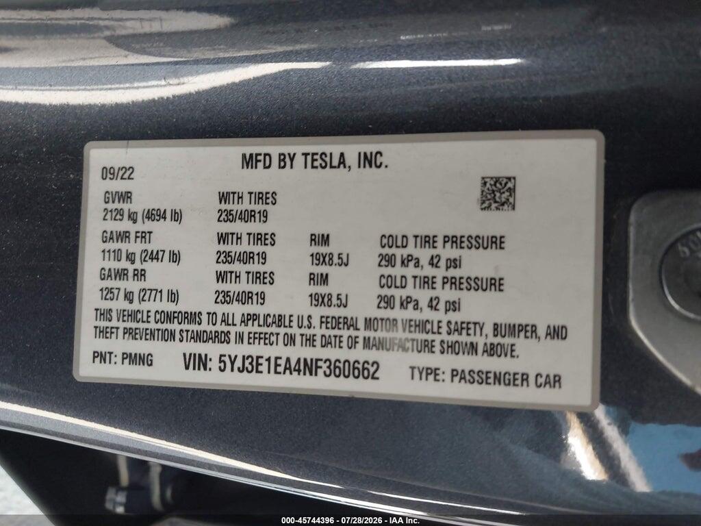5YJ3E1EA4NF360662 2022 TESLA MODEL 3 photo no. 9