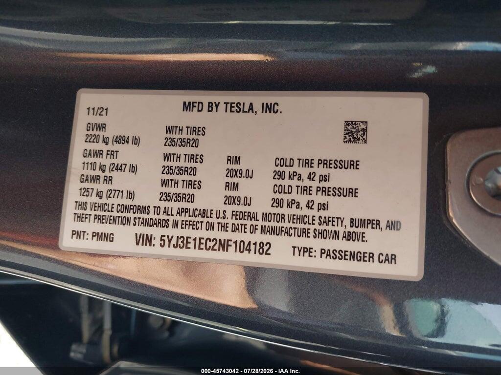 5YJ3E1EC2NF104182 2022 TESLA MODEL 3 photo no. 9