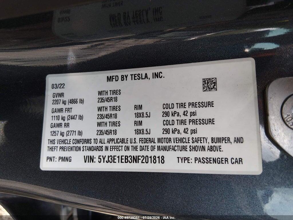 5YJ3E1EB3NF201818 2022 TESLA MODEL 3 photo no. 9