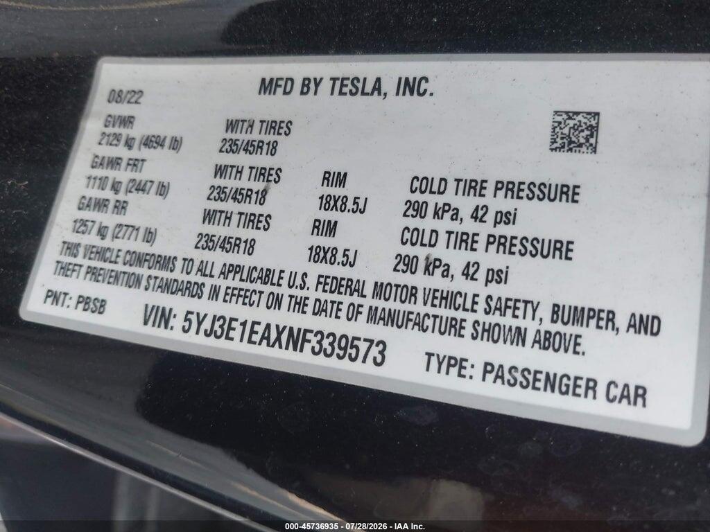 5YJ3E1EAXNF339573 2022 TESLA MODEL 3 photo no. 9