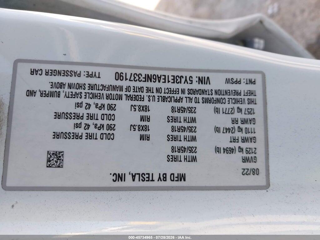 5YJ3E1EA6NF337190 2022 TESLA MODEL 3 photo no. 9