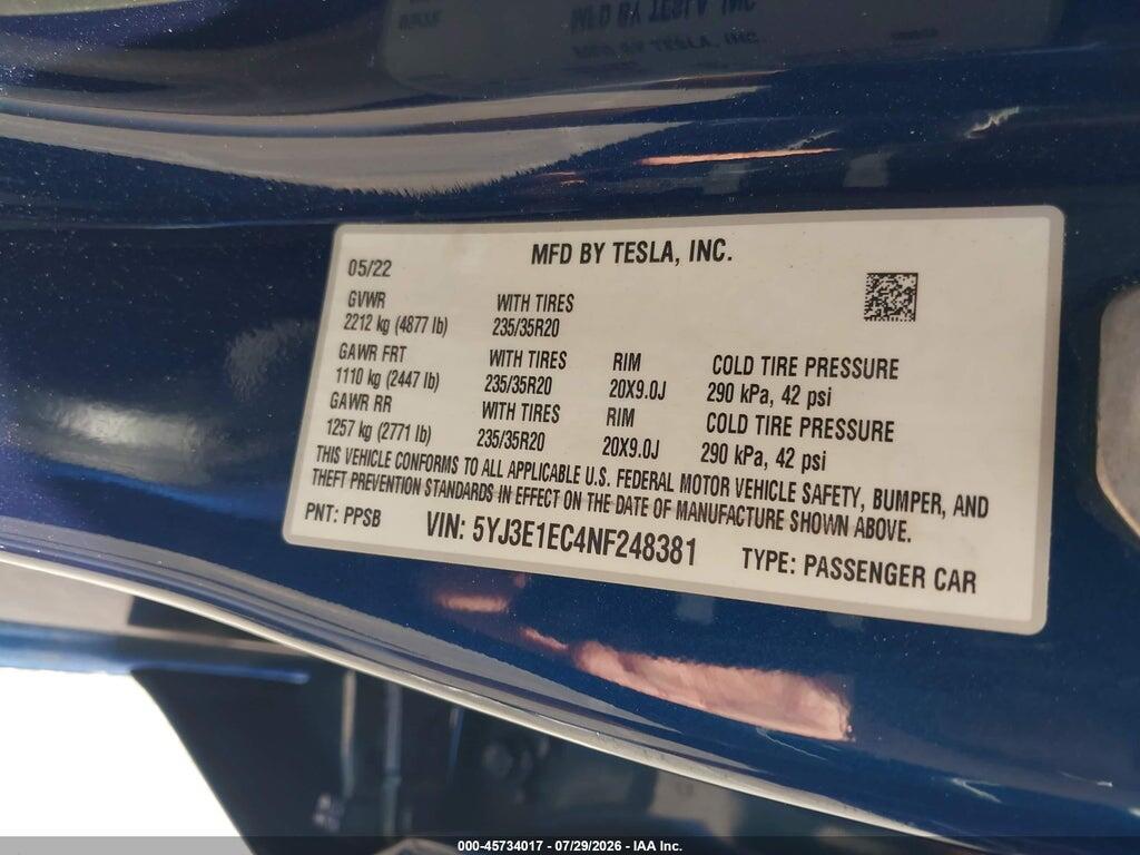 5YJ3E1EC4NF248381 2022 TESLA MODEL 3 photo no. 9