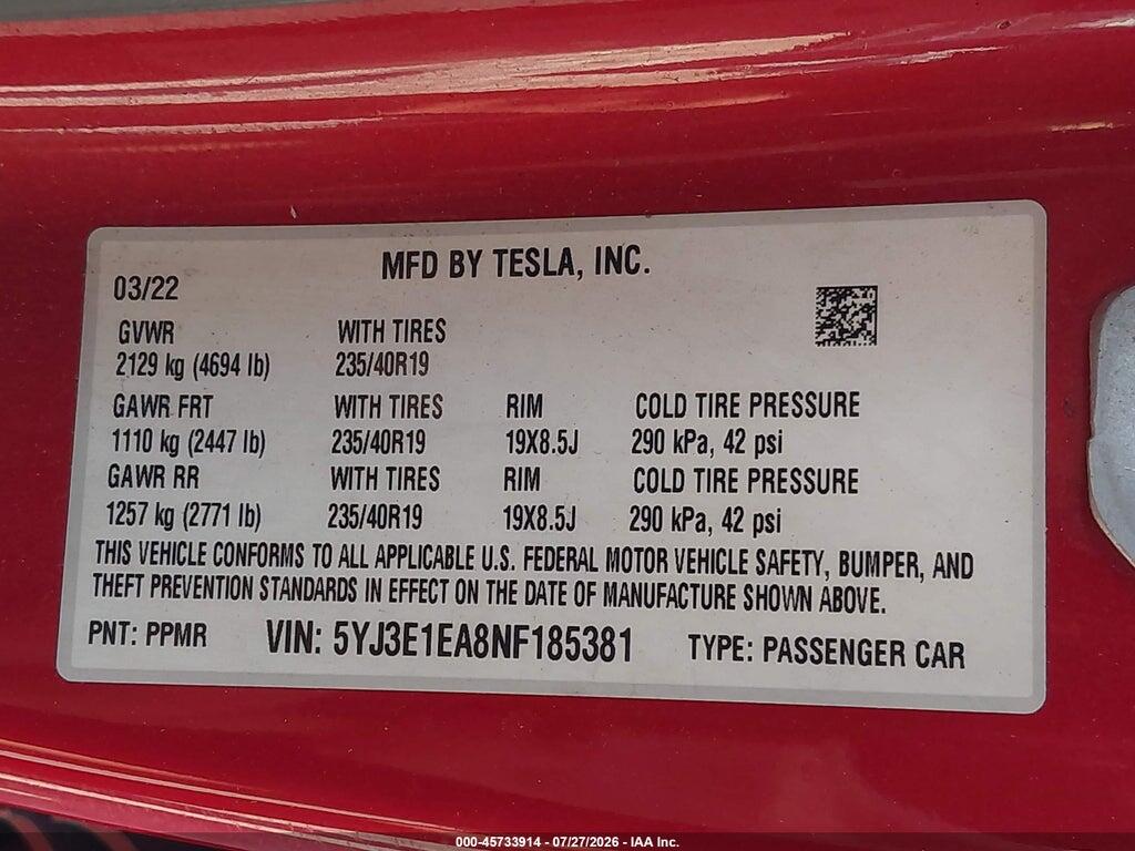 5YJ3E1EA8NF185381 2022 TESLA MODEL 3 photo no. 9