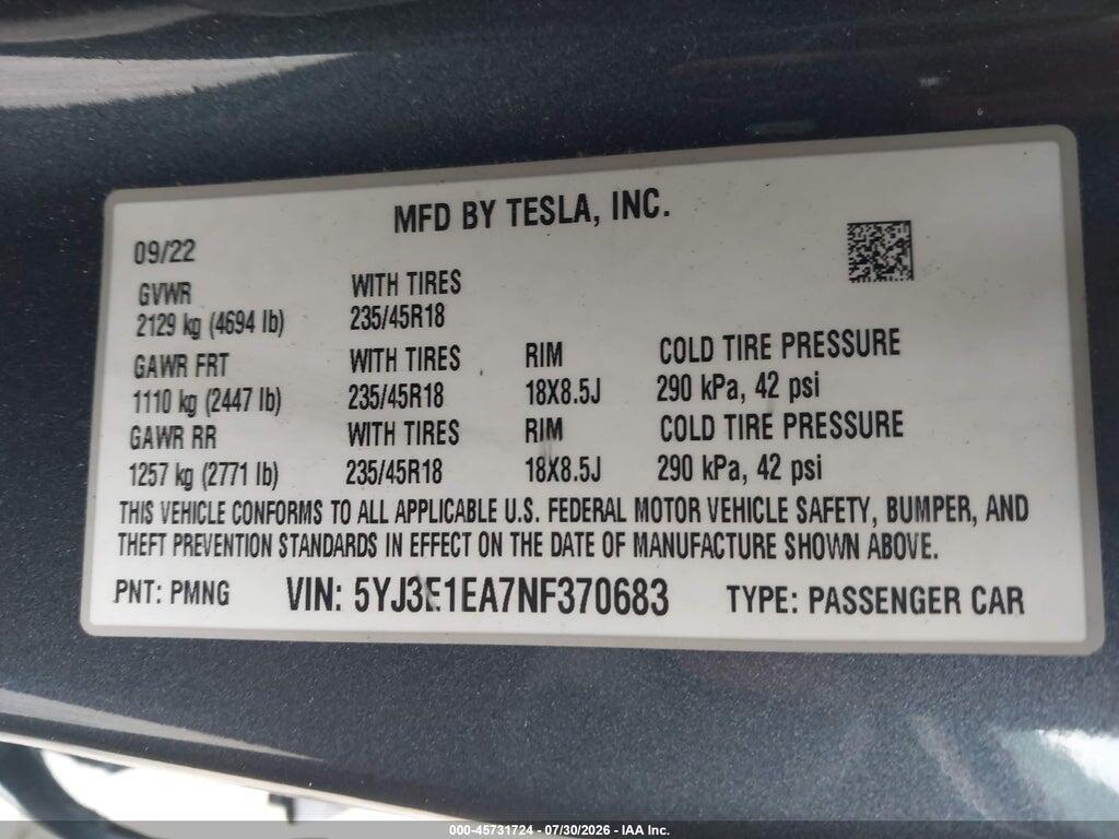 5YJ3E1EA7NF370683 2022 TESLA MODEL 3 photo no. 9