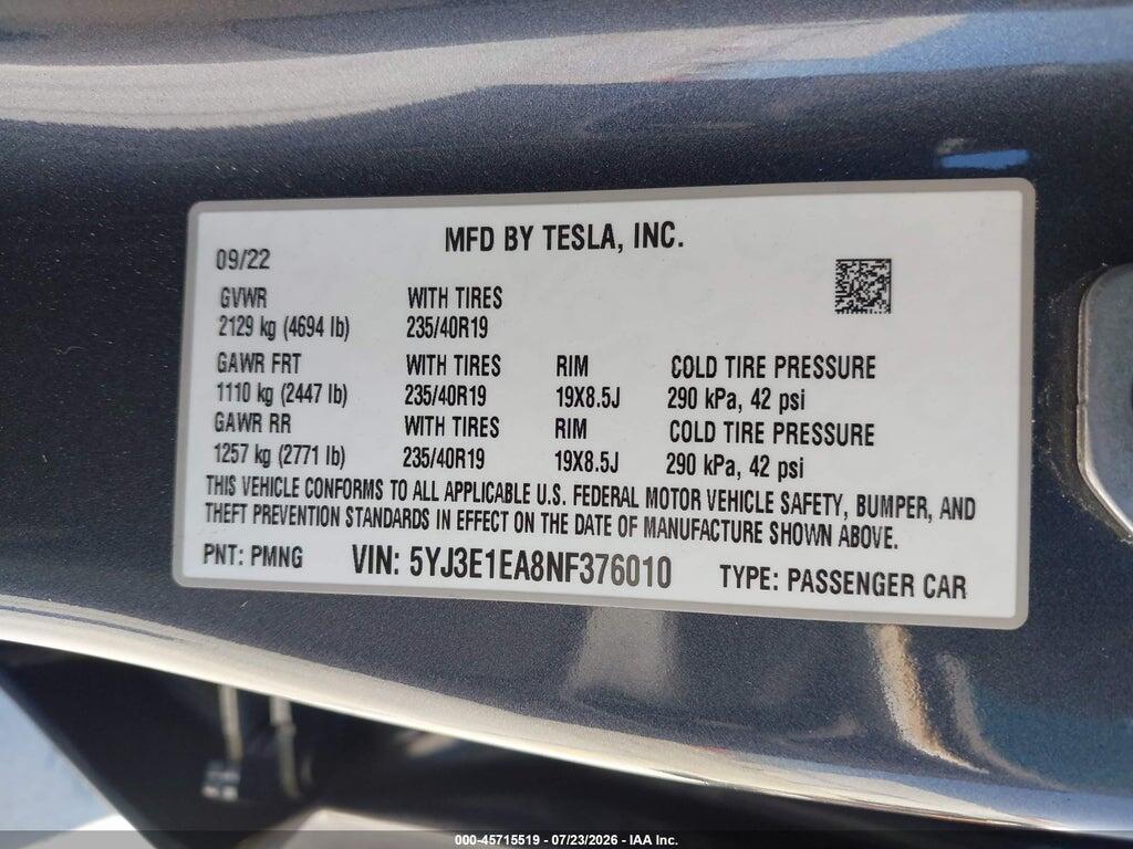 5YJ3E1EA8NF376010 2022 TESLA MODEL 3 photo no. 9