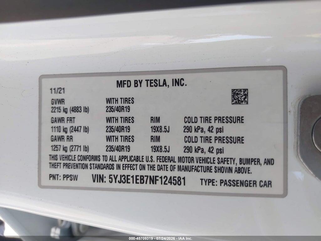 5YJ3E1EB7NF124581 2022 TESLA MODEL 3 photo no. 9