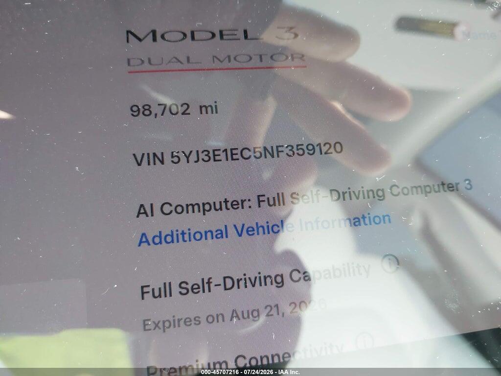 5YJ3E1EC5NF359120 2022 TESLA MODEL 3 photo no. 7