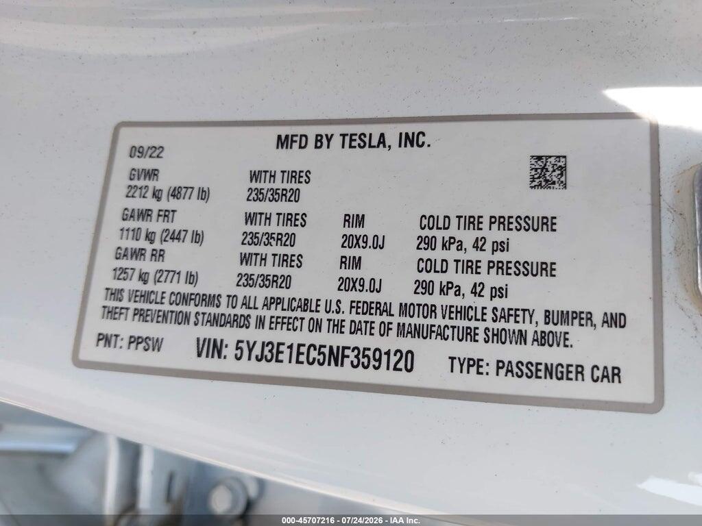 5YJ3E1EC5NF359120 2022 TESLA MODEL 3 photo no. 9