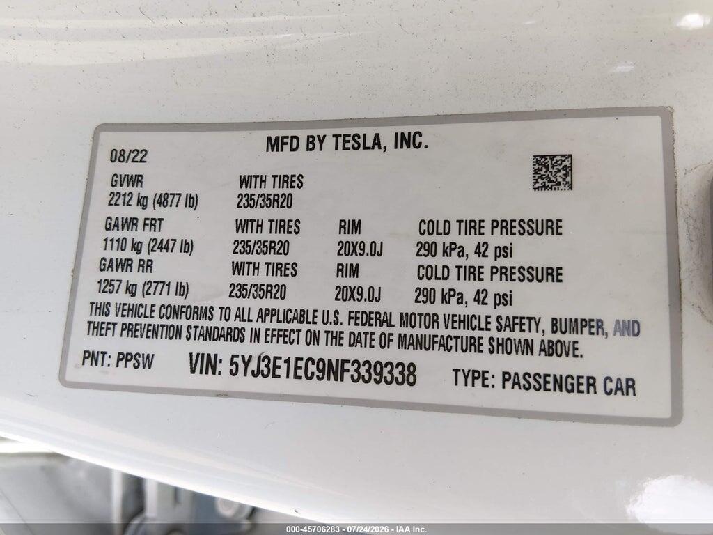 5YJ3E1EC9NF339338 2022 TESLA MODEL 3 photo no. 9