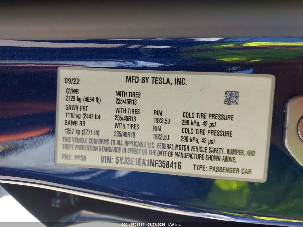 5YJ3E1EA1NF358416 2022 TESLA MODEL 3 photo no. 9