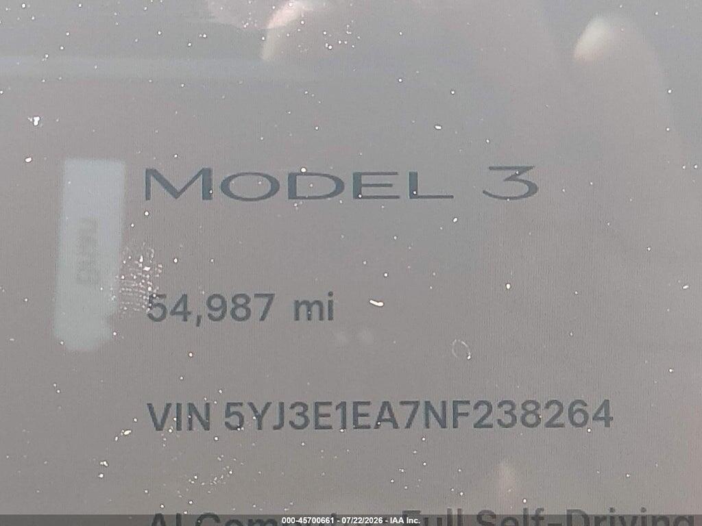 5YJ3E1EA7NF238264 2022 TESLA MODEL 3 photo no. 7