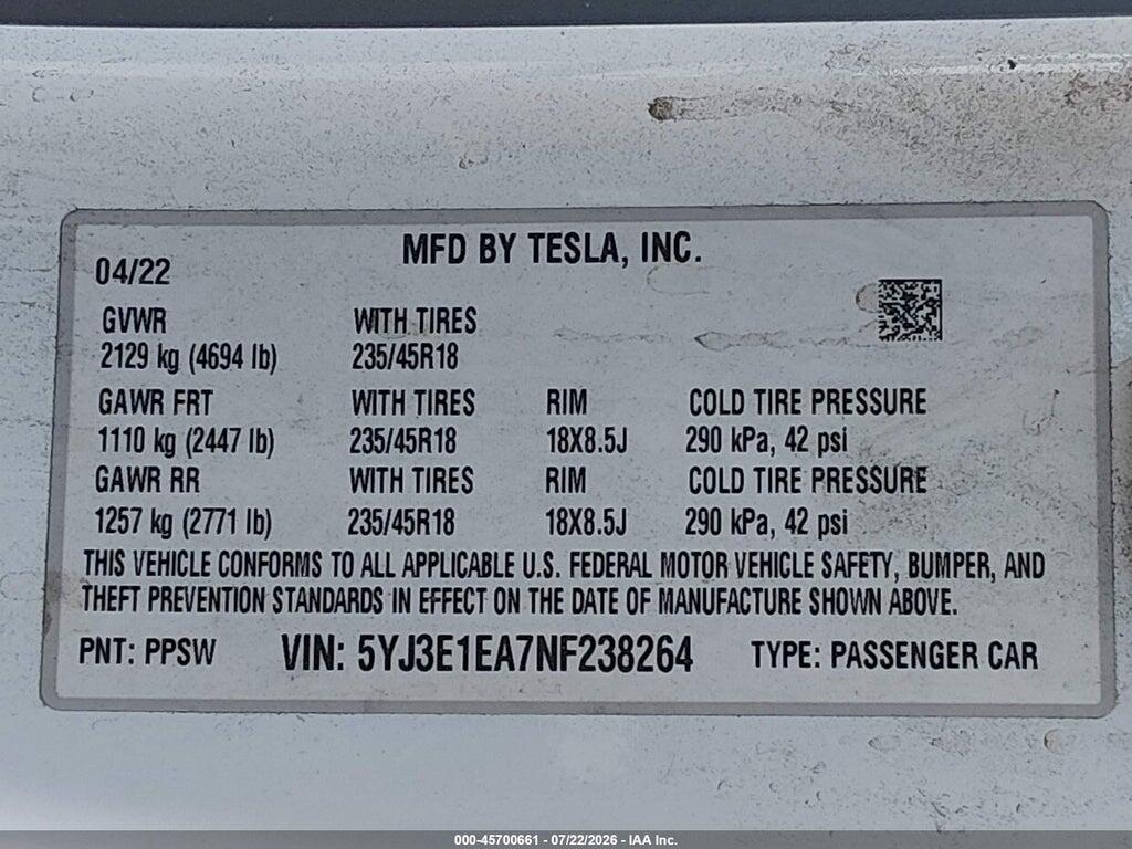 5YJ3E1EA7NF238264 2022 TESLA MODEL 3 photo no. 9