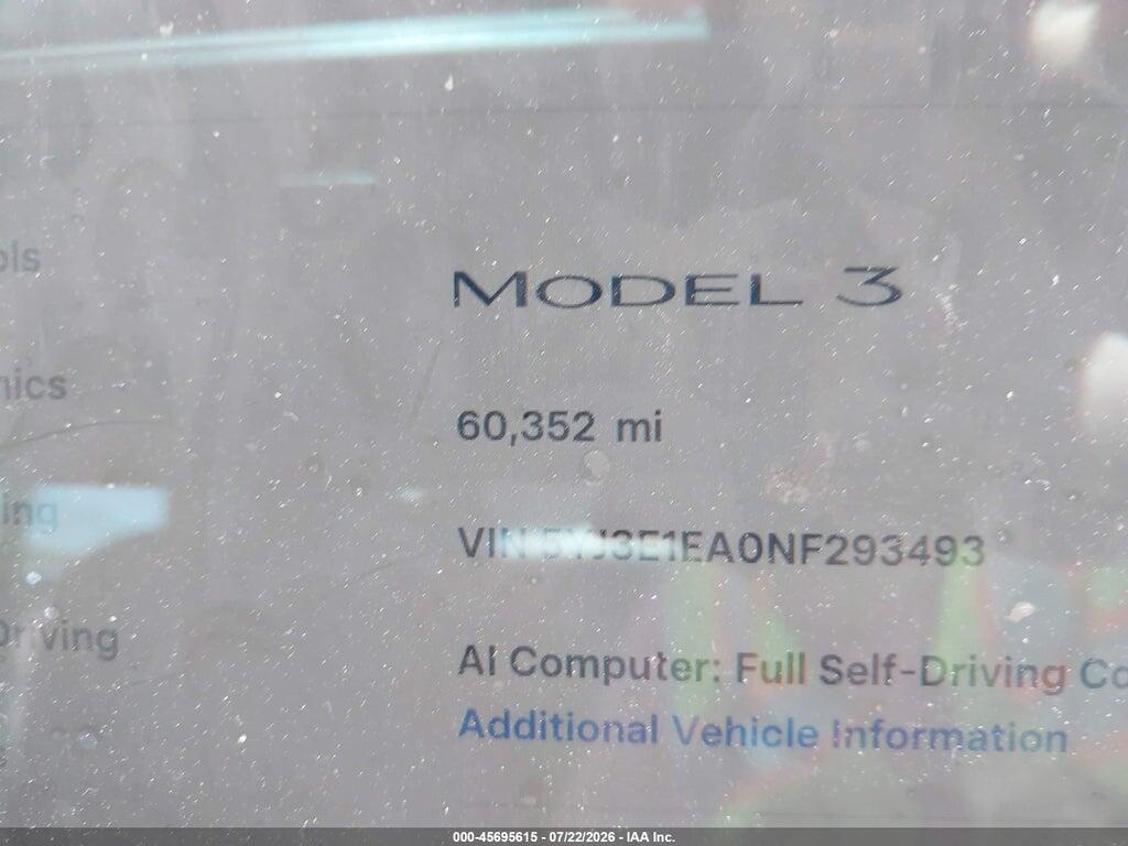 5YJ3E1EA0NF293493 2022 TESLA MODEL 3 photo no. 7