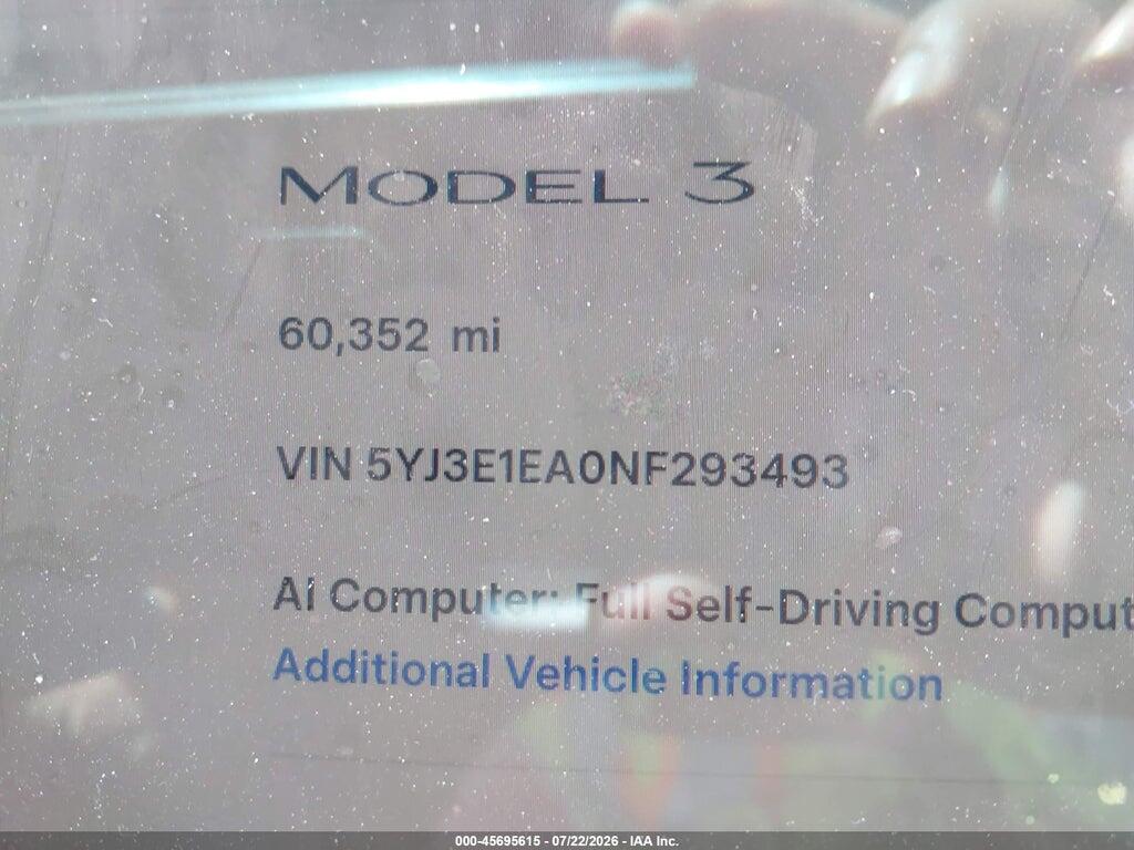 5YJ3E1EA0NF293493 2022 TESLA MODEL 3 photo no. 9
