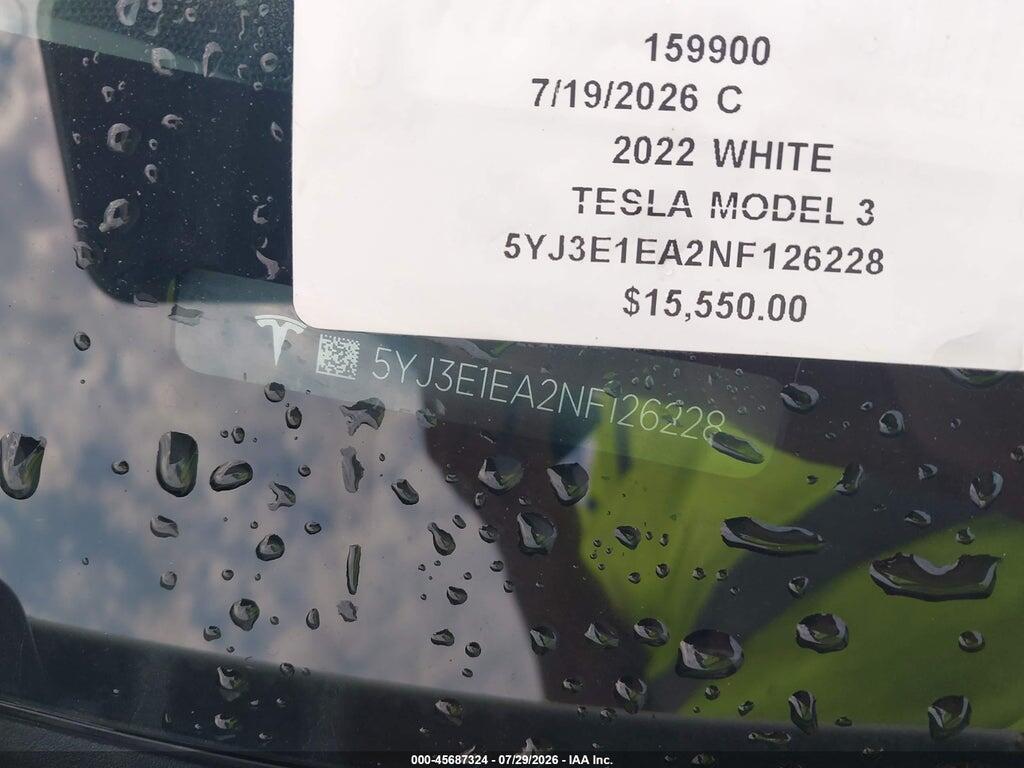 5YJ3E1EA2NF126228 2022 TESLA MODEL 3 photo no. 9