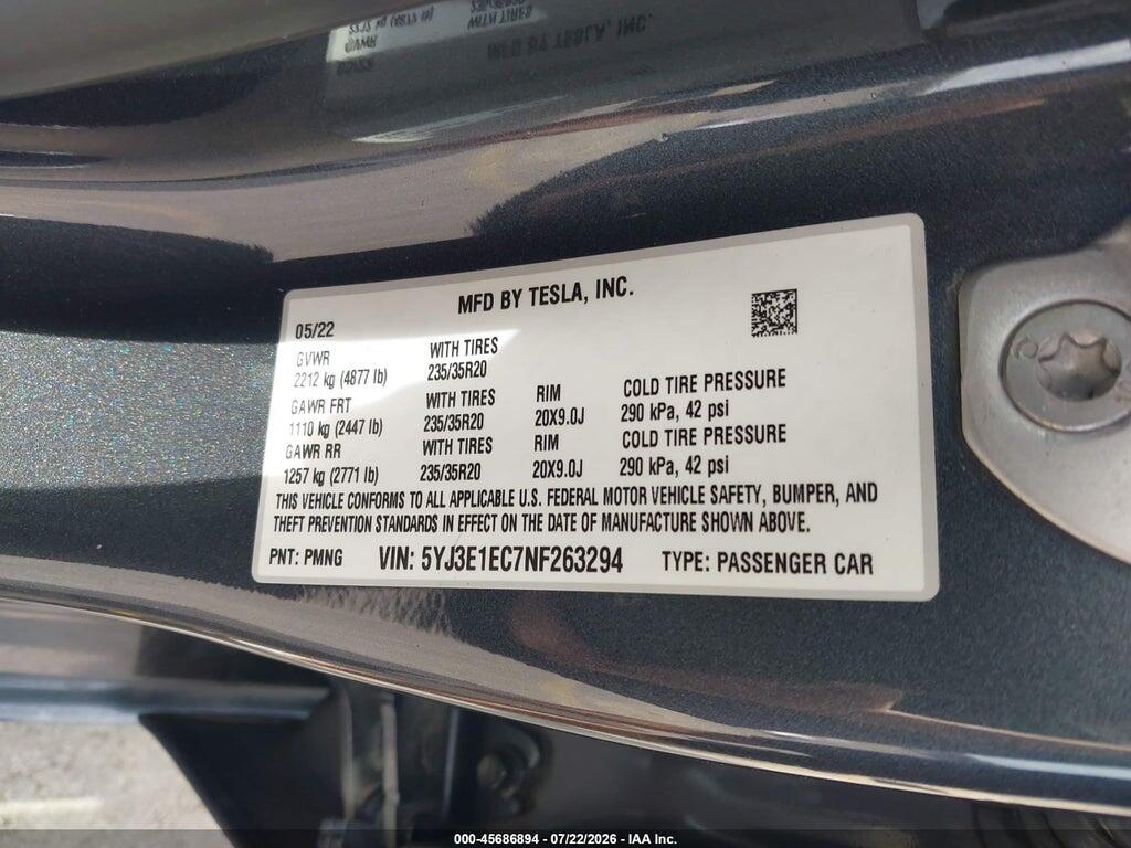 5YJ3E1EC7NF263294 2022 TESLA MODEL 3 photo no. 9