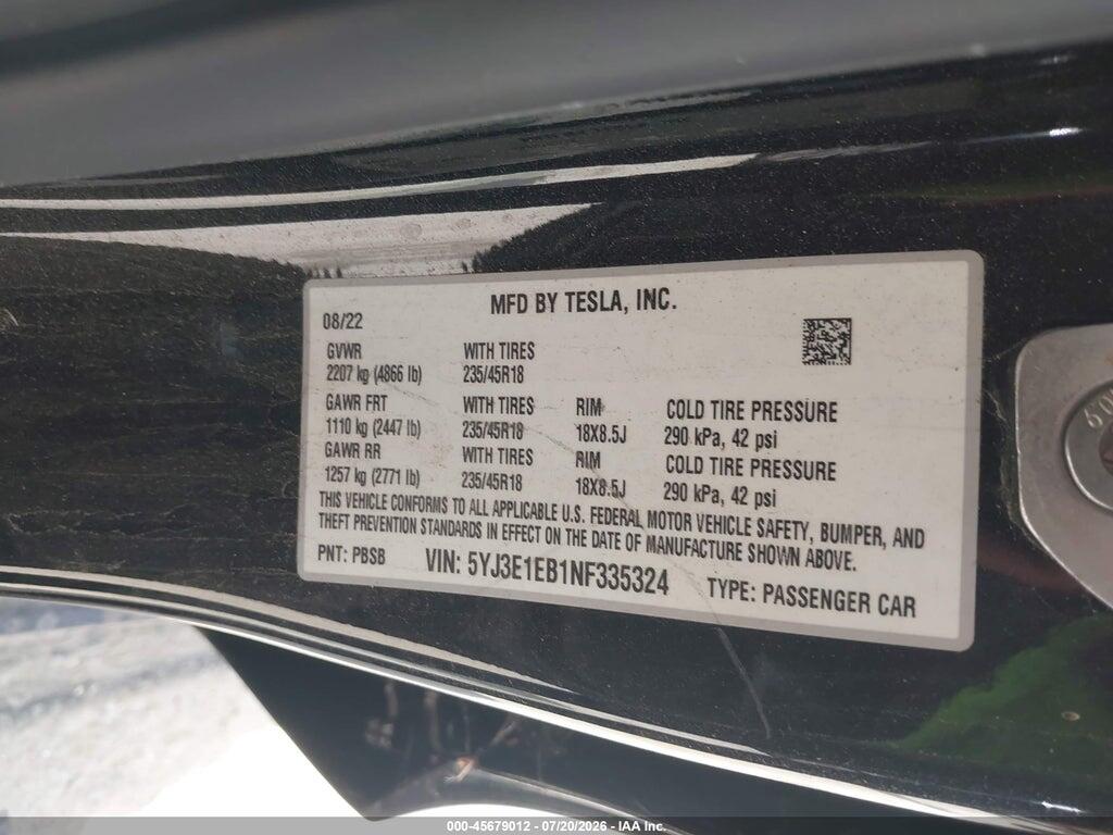 5YJ3E1EB1NF335324 2022 TESLA MODEL 3 photo no. 9