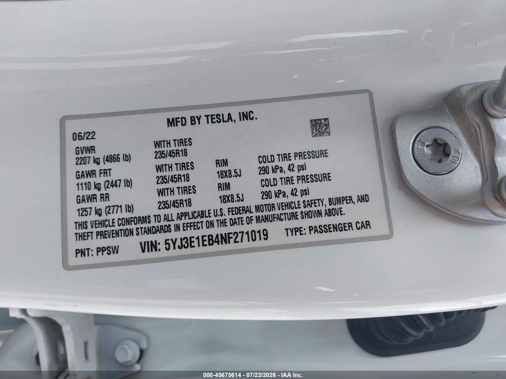 5YJ3E1EB4NF271019 2022 TESLA MODEL 3 photo no. 9