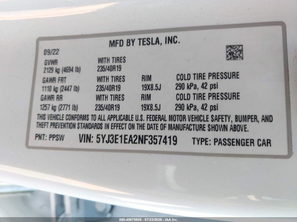 5YJ3E1EA2NF357419 2022 TESLA MODEL 3 photo no. 9