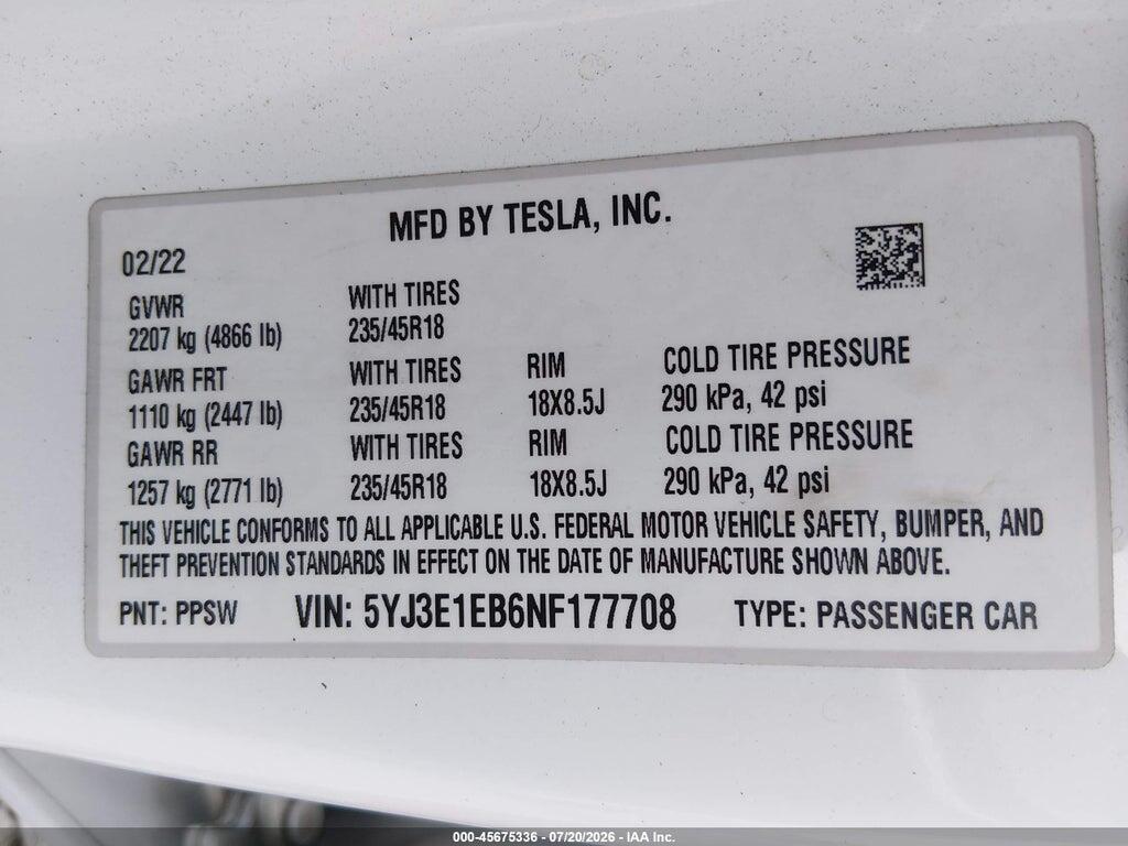 5YJ3E1EB6NF177708 2022 TESLA MODEL 3 photo no. 9