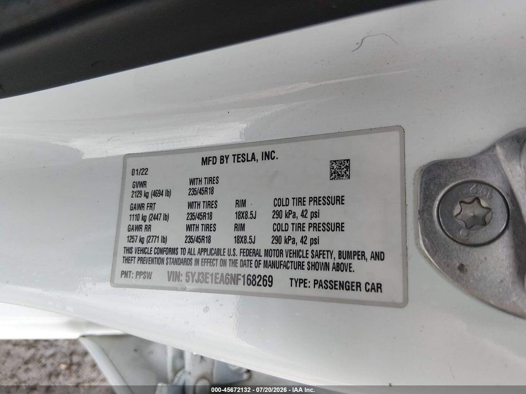5YJ3E1EA6NF168269 2022 TESLA MODEL 3 photo no. 9