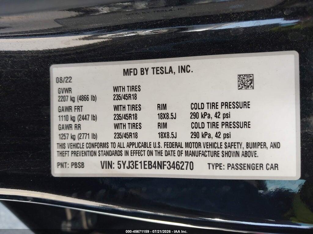 5YJ3E1EB4NF346270 2022 TESLA MODEL 3 photo no. 9