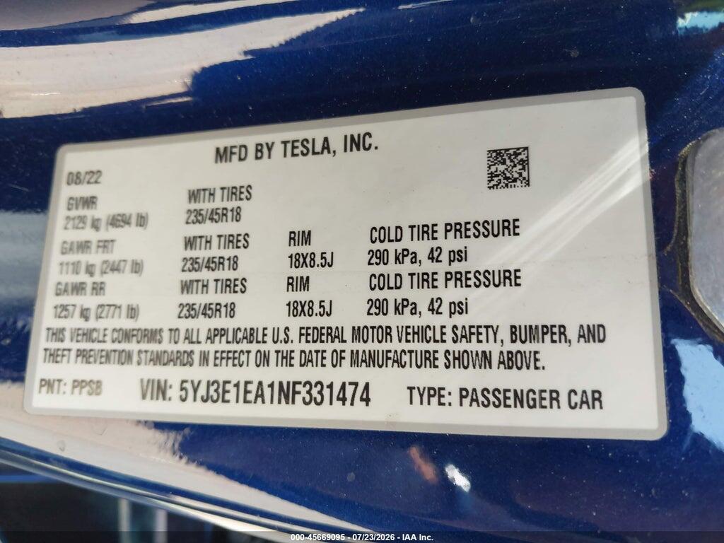 5YJ3E1EA1NF331474 2022 TESLA MODEL 3 photo no. 9