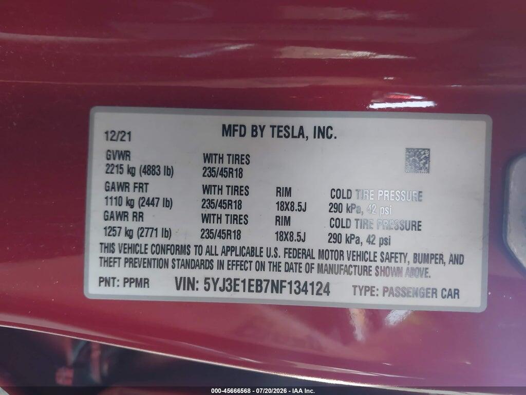 5YJ3E1EB7NF134124 2022 TESLA MODEL 3 photo no. 9