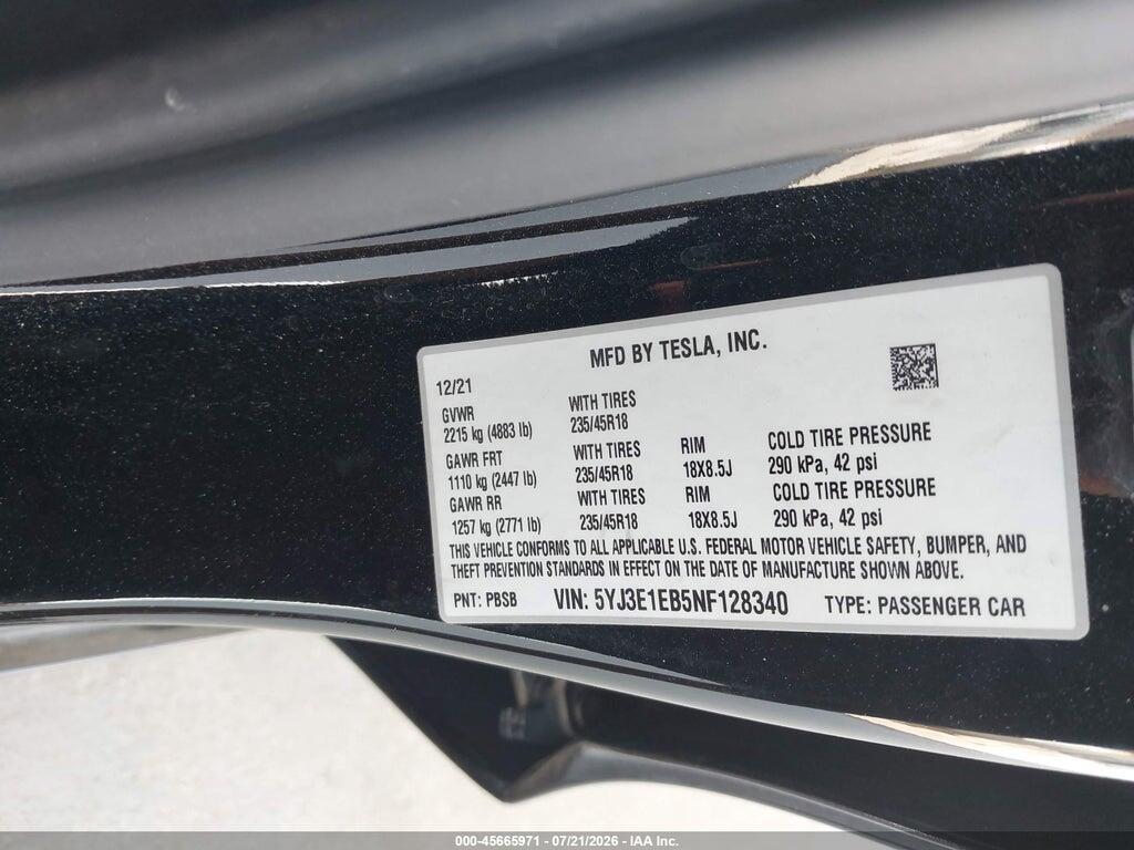 5YJ3E1EB5NF128340 2022 TESLA MODEL 3 photo no. 9