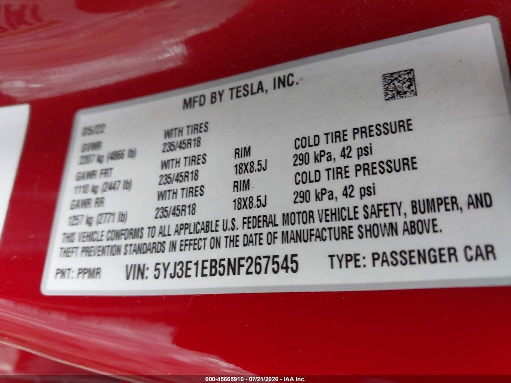 5YJ3E1EB5NF267545 2022 TESLA MODEL 3 photo no. 9