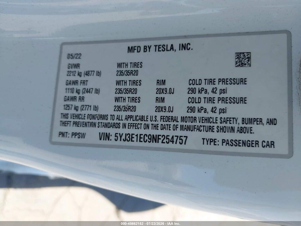 5YJ3E1EC9NF254757 2022 TESLA MODEL 3 photo no. 9