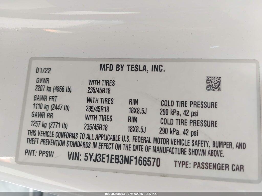 5YJ3E1EB3NF166570 2022 TESLA MODEL 3 photo no. 9