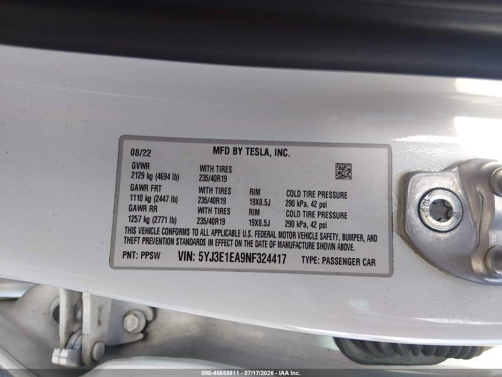 5YJ3E1EA9NF324417 2022 TESLA MODEL 3 photo no. 8