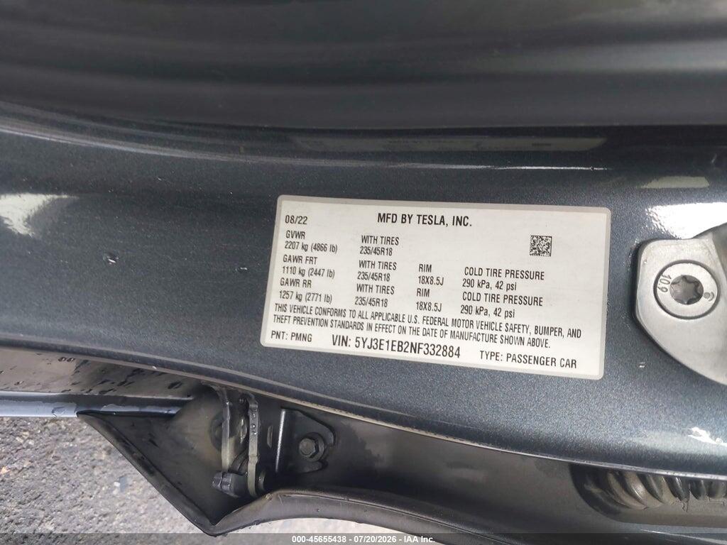 5YJ3E1EB2NF332884 2022 TESLA MODEL 3 photo no. 9
