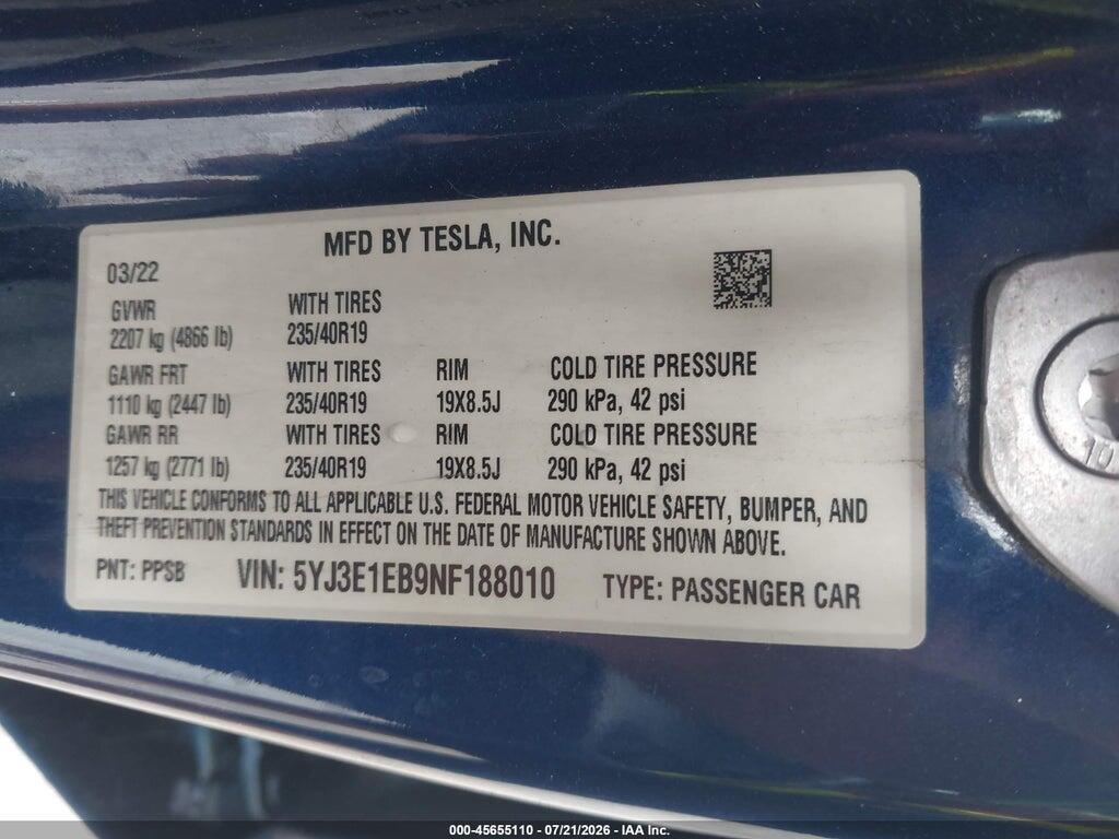 5YJ3E1EB9NF188010 2022 TESLA MODEL 3 photo no. 9