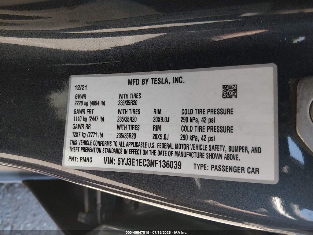 5YJ3E1EC3NF136039 2022 TESLA MODEL 3 photo no. 9