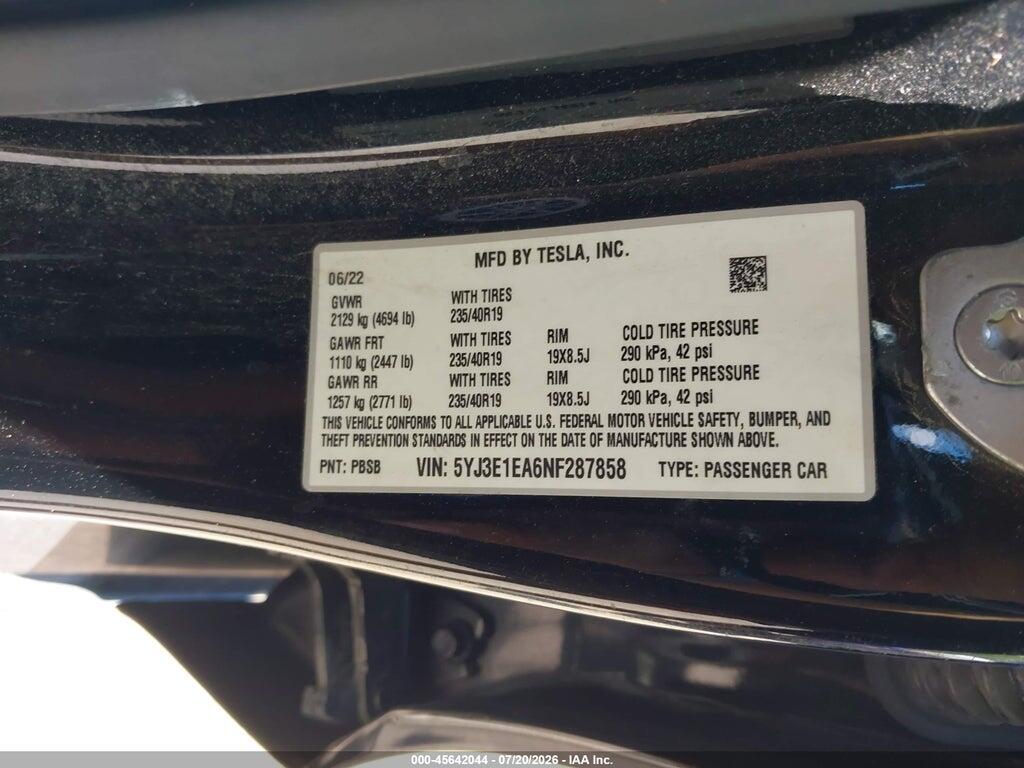 5YJ3E1EA6NF287858 2022 TESLA MODEL 3 photo no. 9