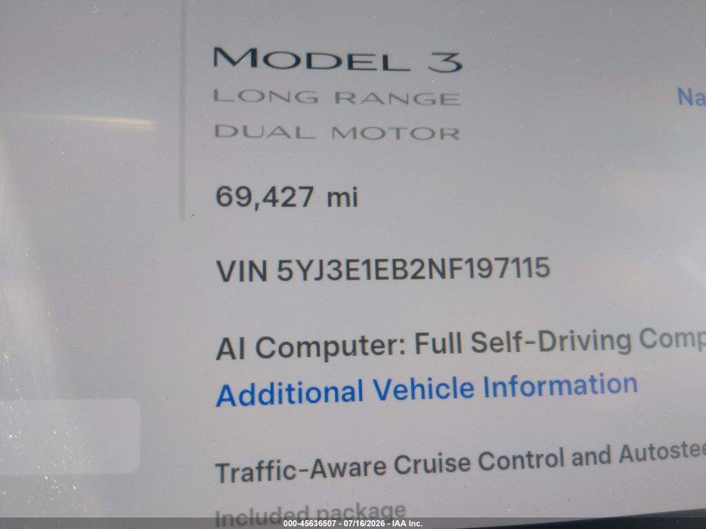 5YJ3E1EB2NF197115 2022 TESLA MODEL 3 photo no. 7