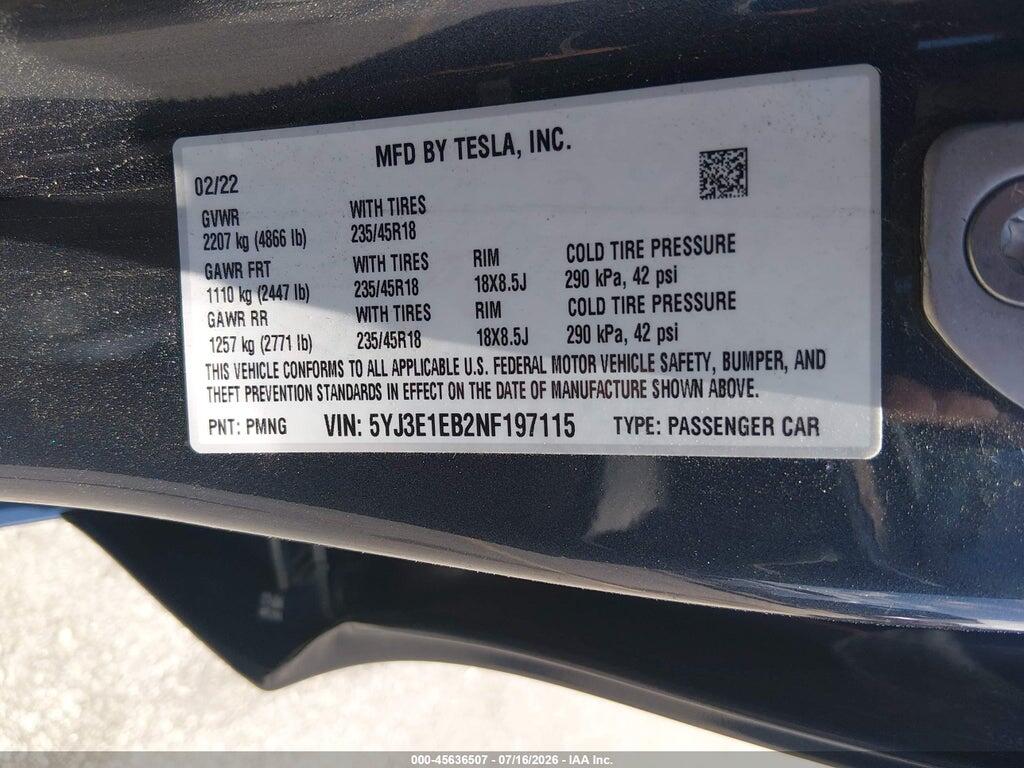 5YJ3E1EB2NF197115 2022 TESLA MODEL 3 photo no. 9