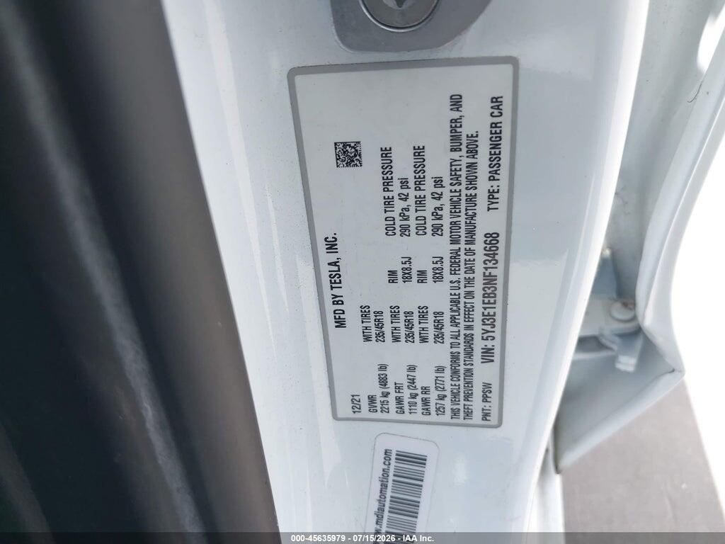 5YJ3E1EB3NF134668 2022 TESLA MODEL 3 photo no. 9
