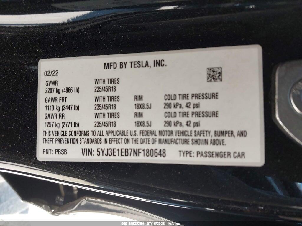 5YJ3E1EB7NF180648 2022 TESLA MODEL 3 photo no. 9