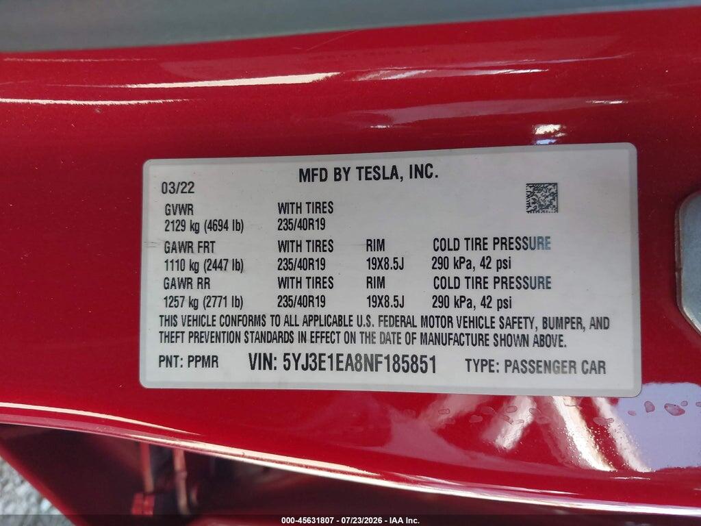 5YJ3E1EA8NF185851 2022 TESLA MODEL 3 photo no. 9