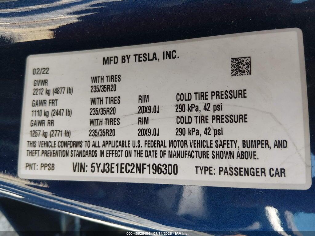 5YJ3E1EC2NF196300 2022 TESLA MODEL 3 photo no. 8