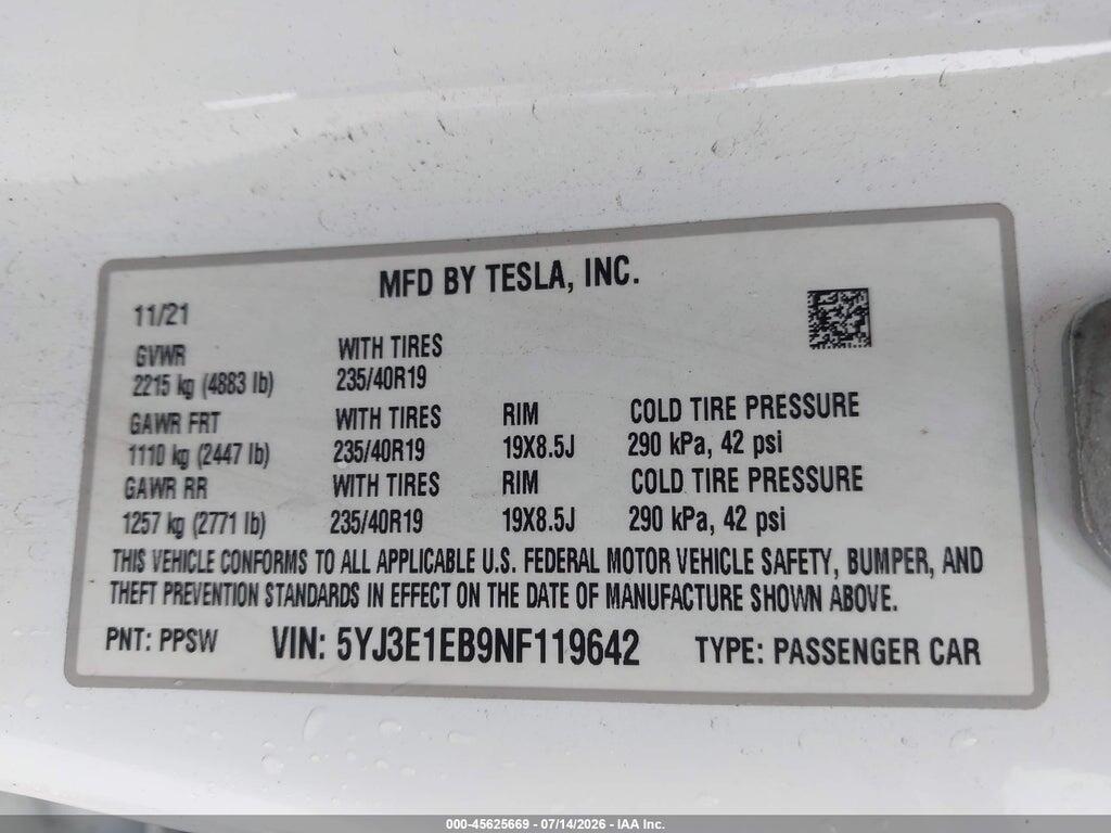 5YJ3E1EB9NF119642 2022 TESLA MODEL 3 photo no. 9