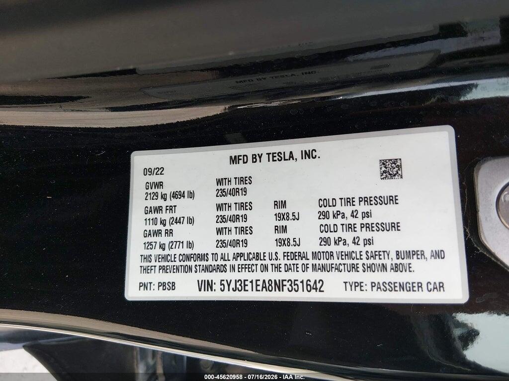 5YJ3E1EA8NF351642 2022 TESLA MODEL 3 photo no. 9