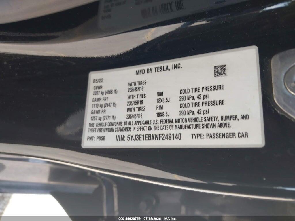 5YJ3E1EBXNF249140 2022 TESLA MODEL 3 photo no. 9