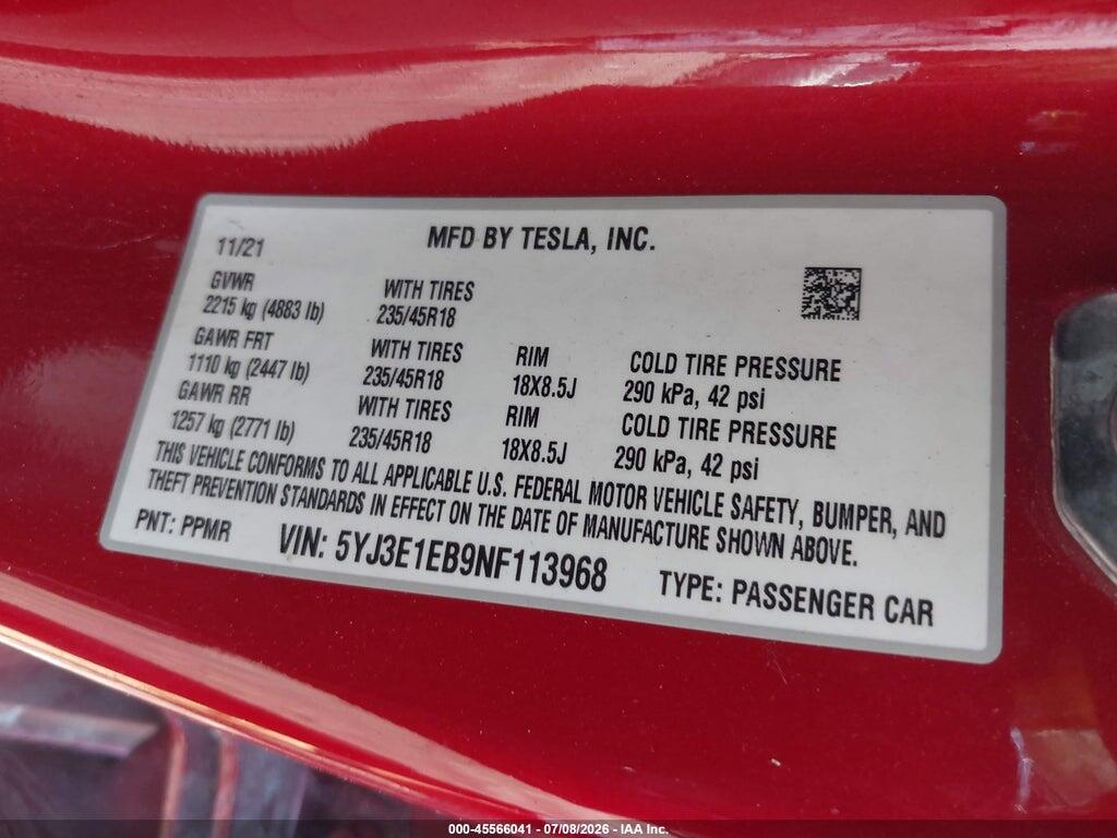 5YJ3E1EB9NF113968 2022 TESLA MODEL 3 photo no. 9
